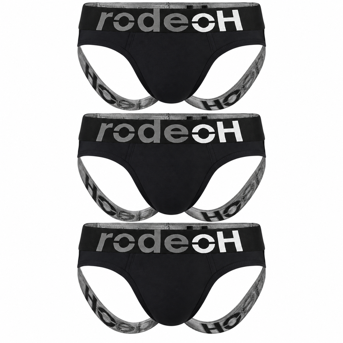 3-pack of black RodeoH jockstraps with bold gray and white RodeoH logo waistbands and matching gray branded leg straps, displayed on a white background.