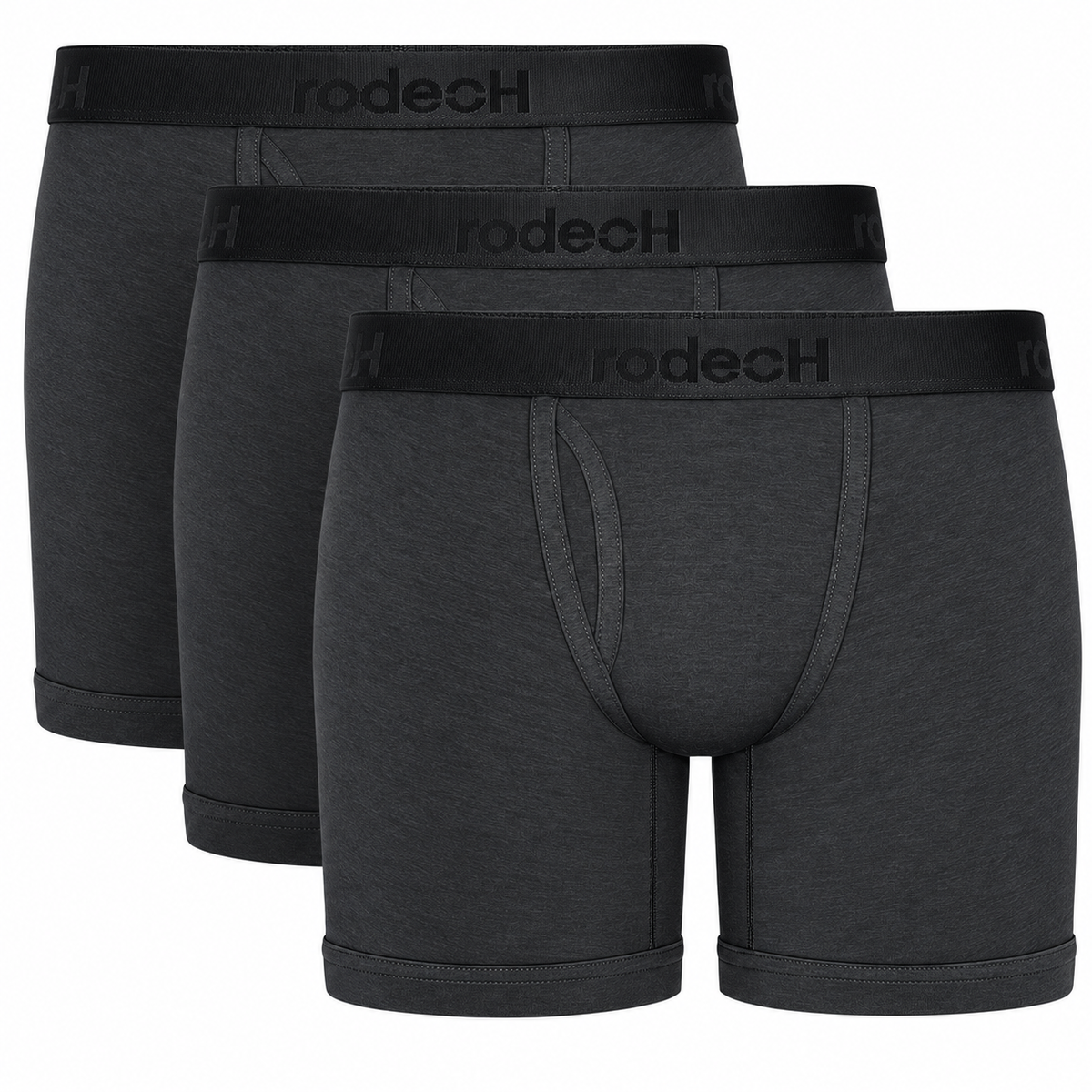 Three pairs of dark gray heather boxer briefs arranged in a staggered stack, each with a black waistband featuring the brand name 'rodech' in dark gray.
