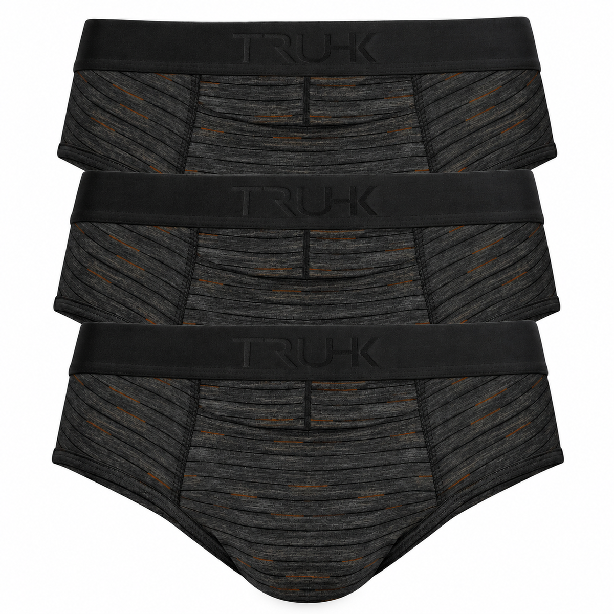 2-pack of TRUHK dark gray packing briefs with black embossed waistbands and subtle orange stripe details, displayed on a white background.