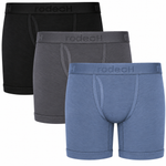 RodeoH Shift 6" Boxer Packer Underwear Calm Classic 3 pack: black, gray and slate blue boxers stacked, from the front