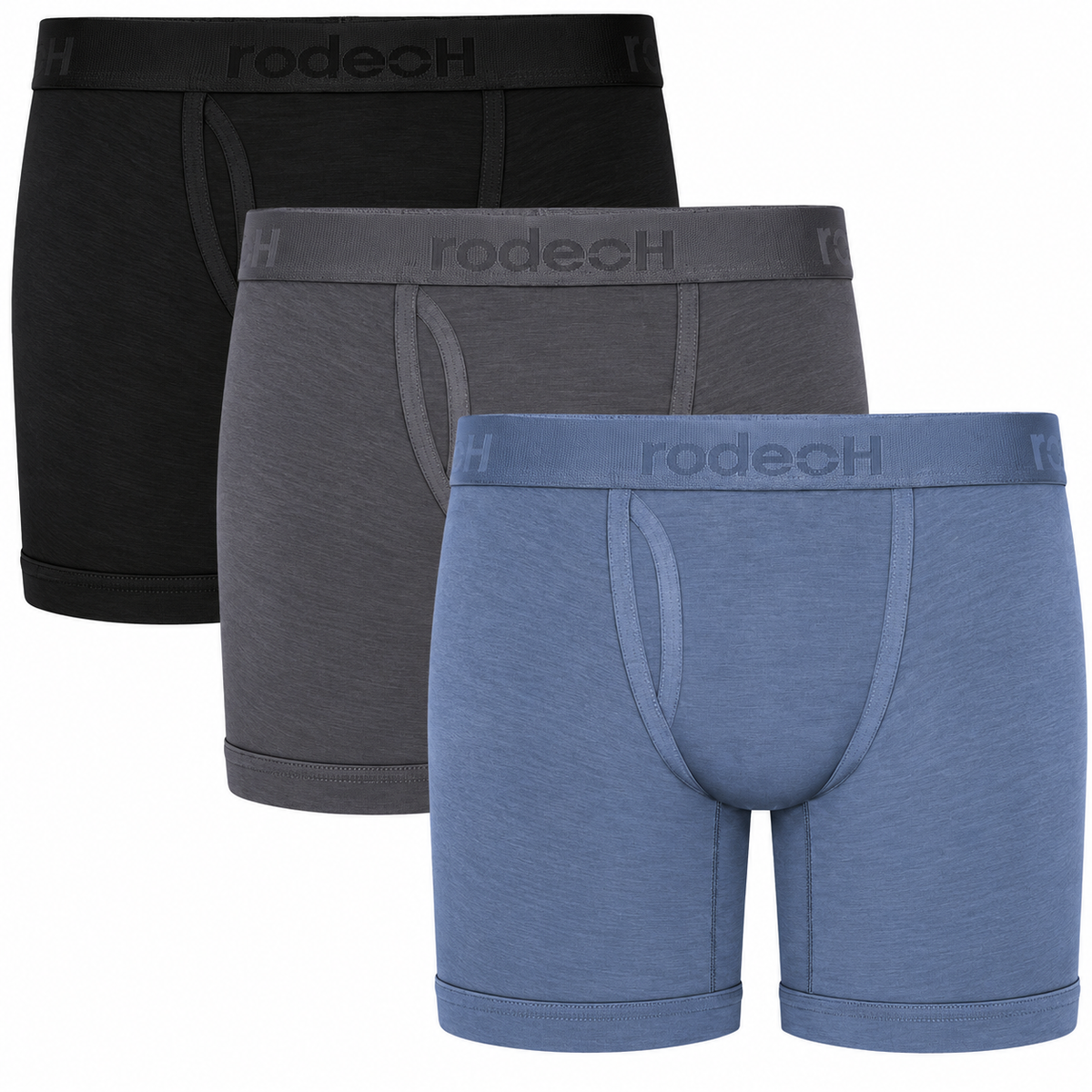 RodeoH Shift 6" Boxer Packer Underwear Calm Classic 3 pack: black, gray and slate blue boxers stacked, from the front