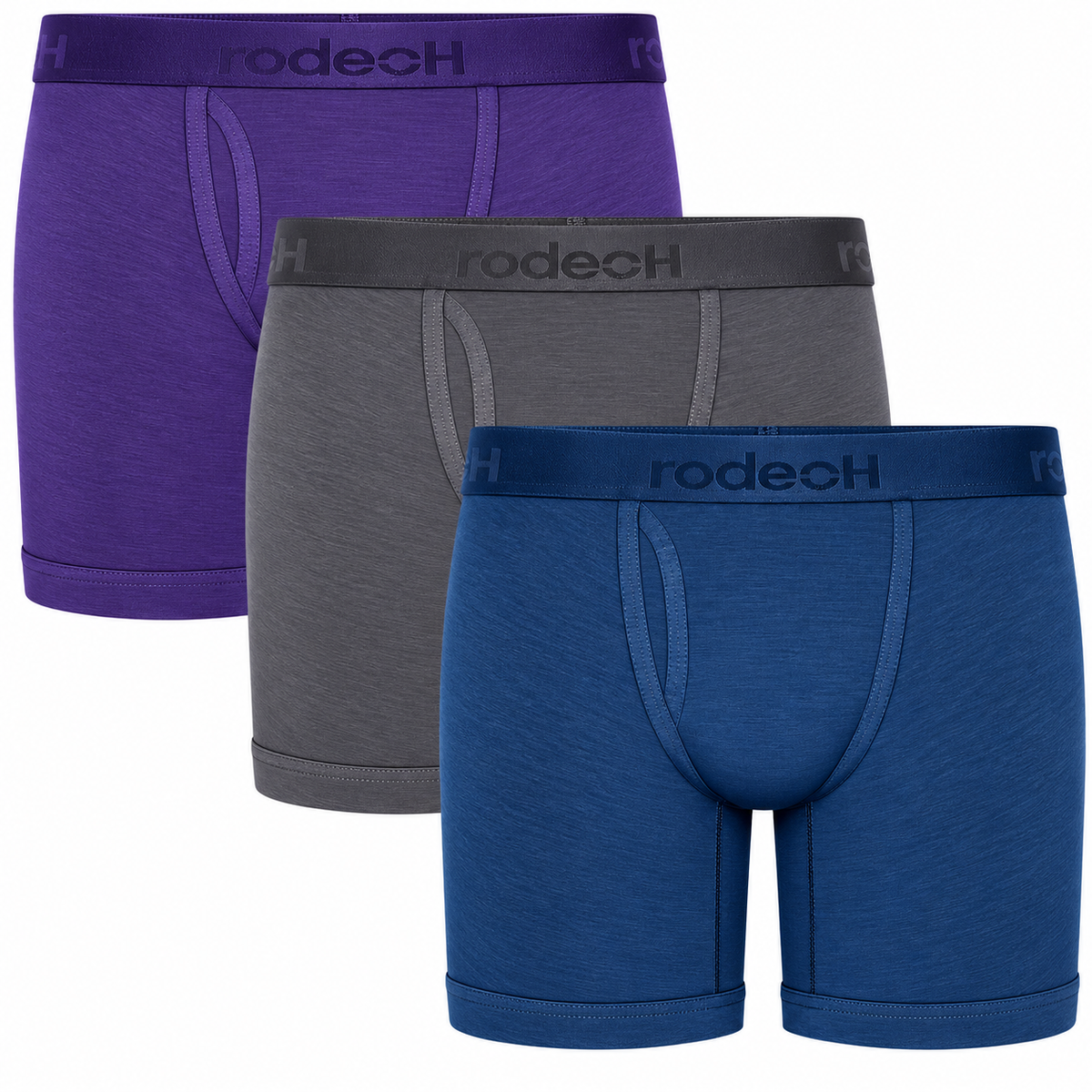 RodeoH Shift 6" Boxer Packer Underwear Cool Tones 3 pack: purple, dark blue and gray boxers stacked, from the front