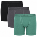 RodeoH Shift 6" Boxer Packer Underwear Pacific Calm 3 pack: black, gray and sage green boxers stacked, from the front