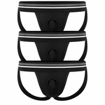 3 pack of black jockstrap underwear with a pouch front and a hole at the front center designed to support STP devices. The waistband is gray with white accents.