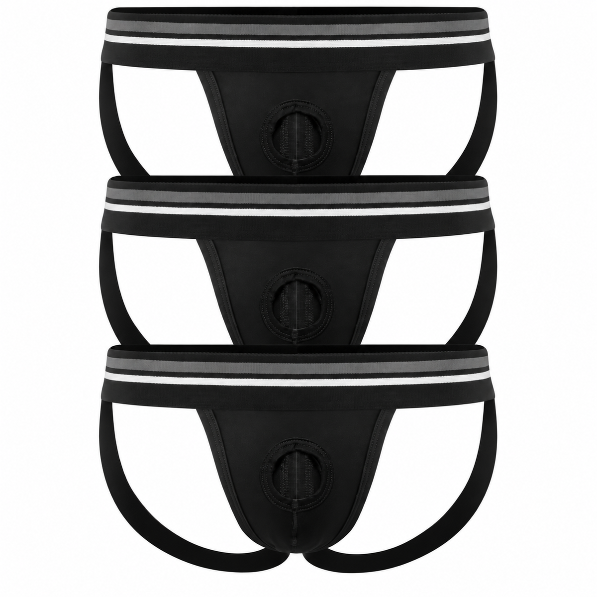 3 pack of black jockstrap underwear with a pouch front and a hole at the front center designed to support STP devices. The waistband is gray with white accents.