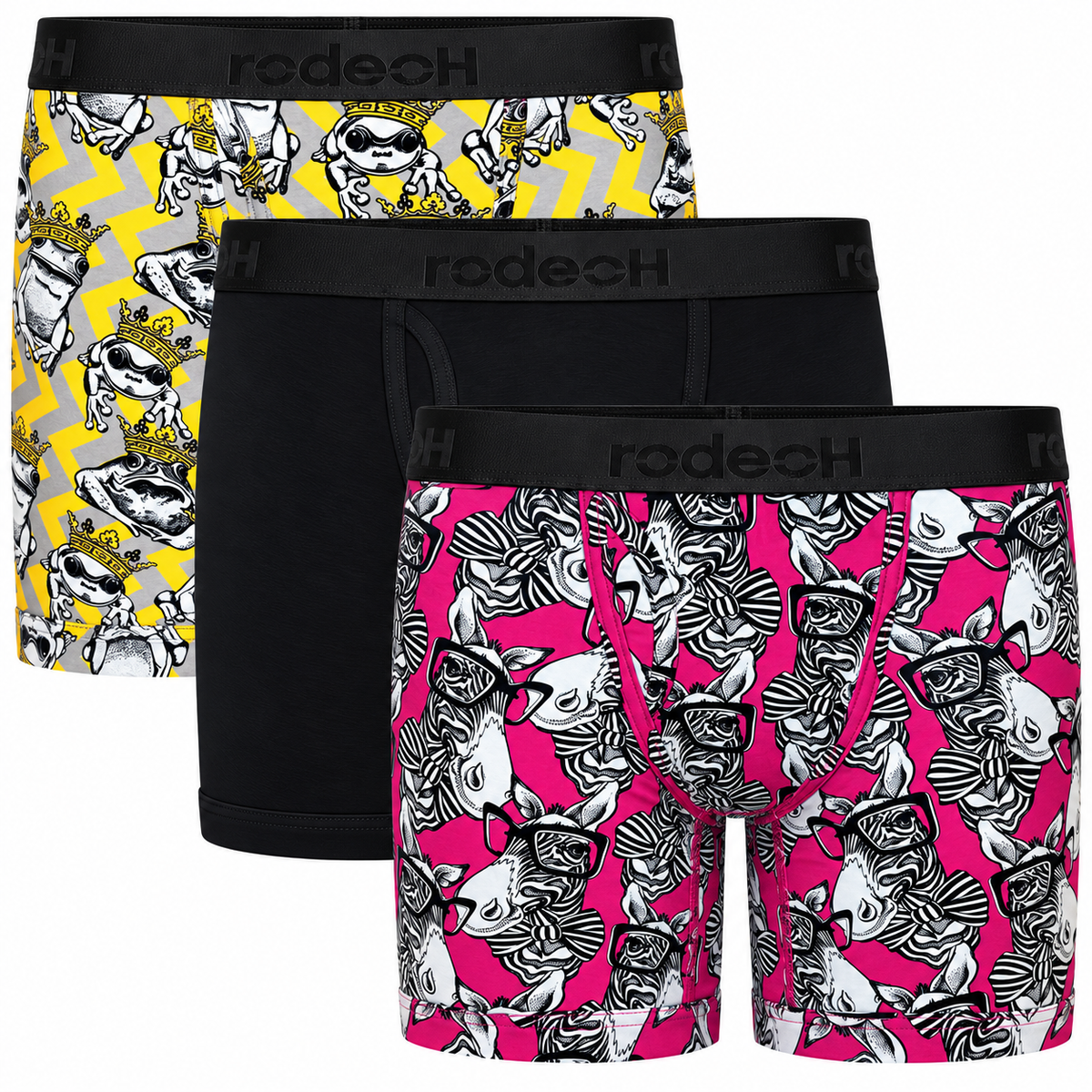 RodeoH Shift 6" Boxer Packer Underwear Zebras & Frogs 3 pack: bowtie zebra, funky frogs and black boxers stacked, from the front