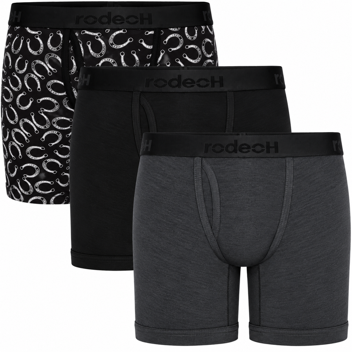 RodeoH Top Loading Packing boxer Multipack with gray, black, and black and white horseshoes print