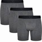 Three pairs of heather gray boxer briefs arranged in a staggered overlapping layout, each with a black waistband featuring the debossed brand name 'TRUHK'.