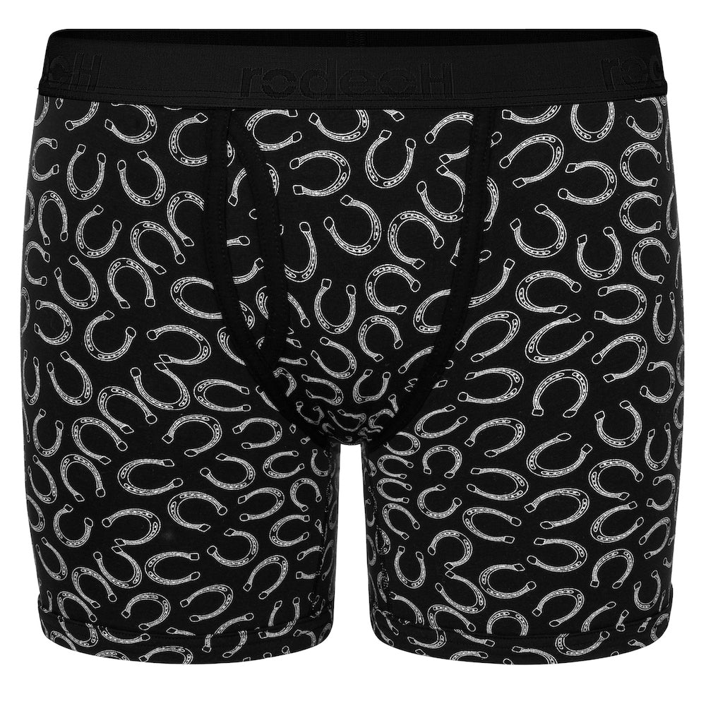 Black and white horseshoes print top loading pouch packing boxers with satin logo waistband