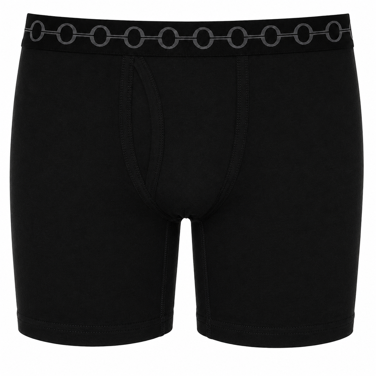 Black 6" unisex boxer briefs with a distinctive dark gray chain-link pattern along the elastic waistband, shown against a plain white background.