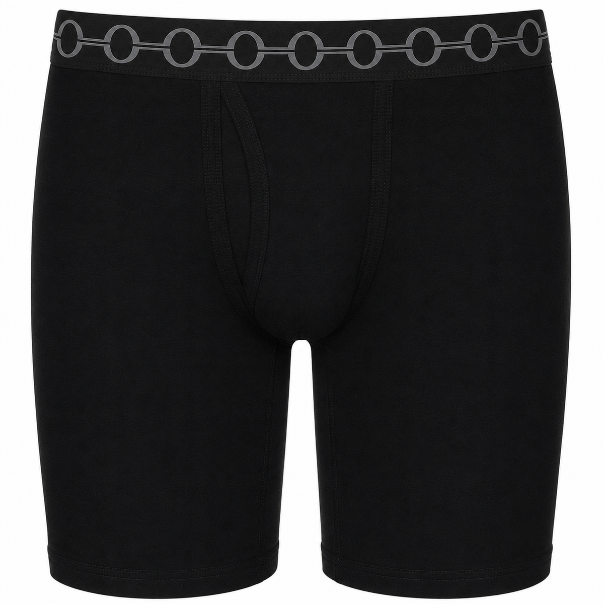 Black 9" unisex boxer briefs with a distinctive gray chain-link pattern along the waistband, shown on a plain white background.