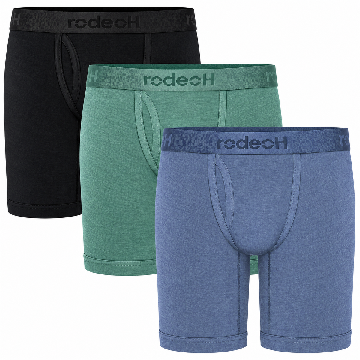 RodeoH Cool Coastal 3 pack of 9 inch Shift Boxers: black, pacific teal and slate blue