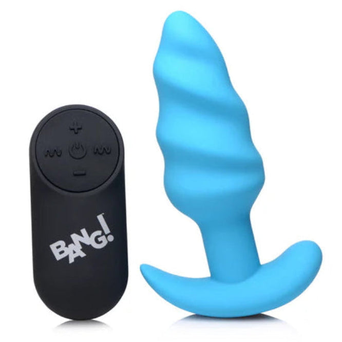 Bang! 21x Vibrating Silicone Rechargeable Swirl Butt Plug - Remote Control - Blue