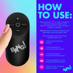 Black remote control with 'BANG!' branding on a colorful gradient background with text highlighting features