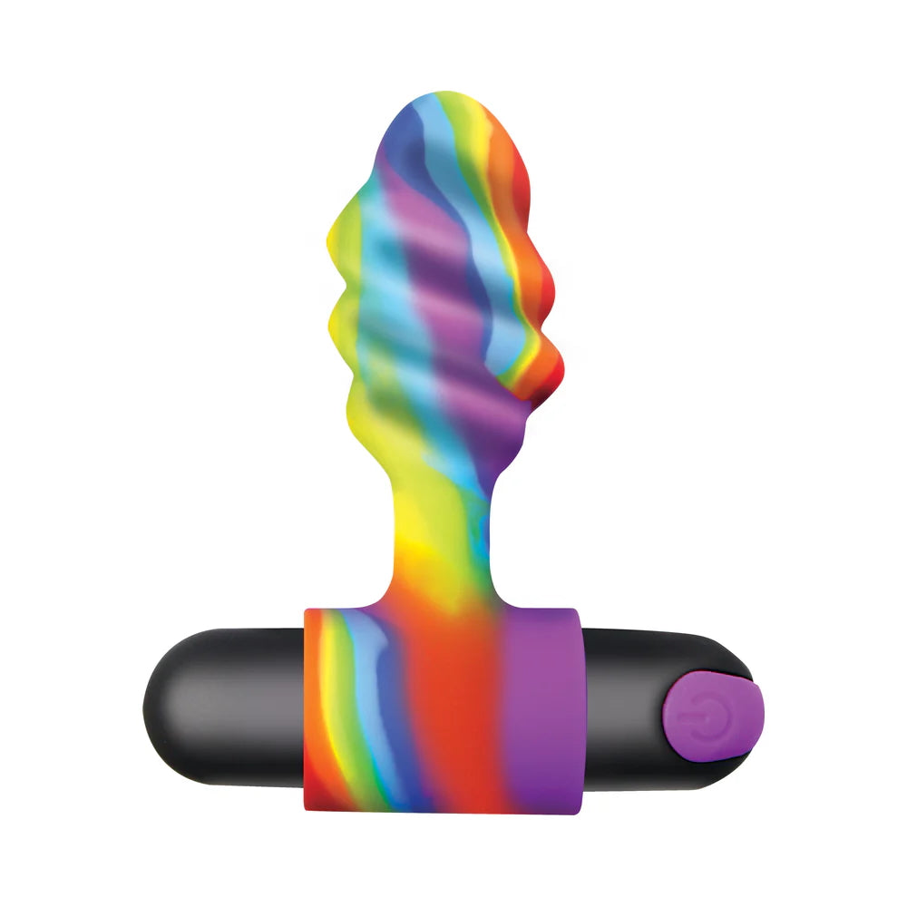 Bang! Vibrating Silicone Rechargeable Swirl Butt Plug  - Rainbow Multicolor