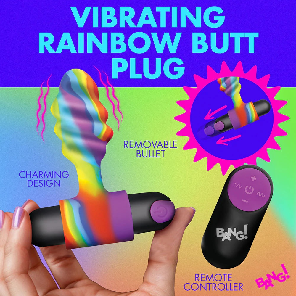 Bang! Vibrating Silicone Rechargeable Swirl Butt Plug  - Rainbow Multicolor