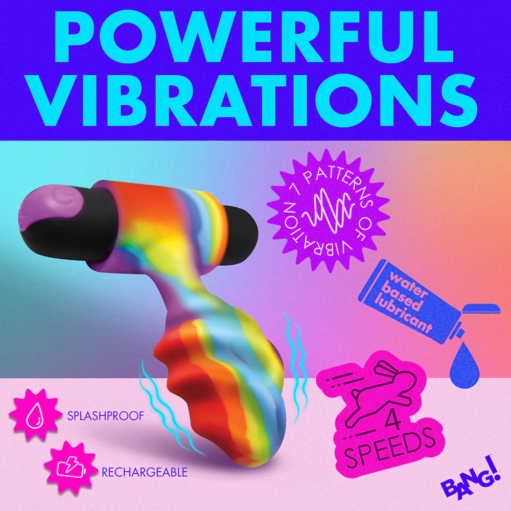 Colorful Bang anal plug vibrator with text highlighting features on a gradient background