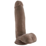 Chocolate Au Naturel dual density sensafeel dildo with balls and suction cup from  quarters front view