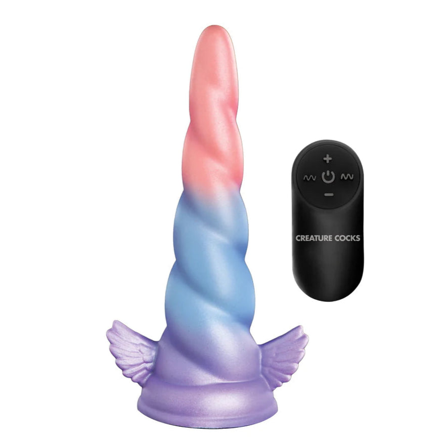 Deluxe Dream Rider - Unicorn Horn Vibrating Silicone Dildo in pink blue and purple ombre with wireless remote control