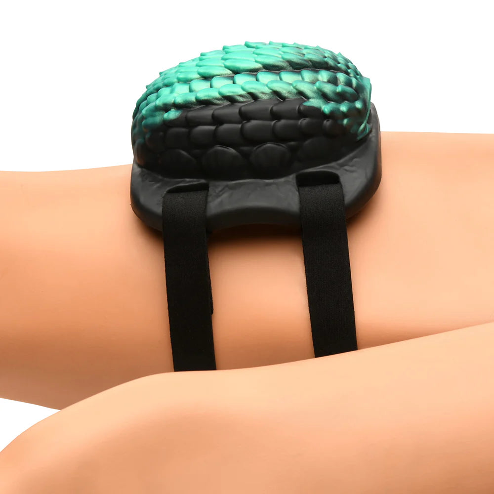 Dragon  Vibrating Rechargeable Silicone Grinder Black/Teal by creature cocks shown wrapped around leg