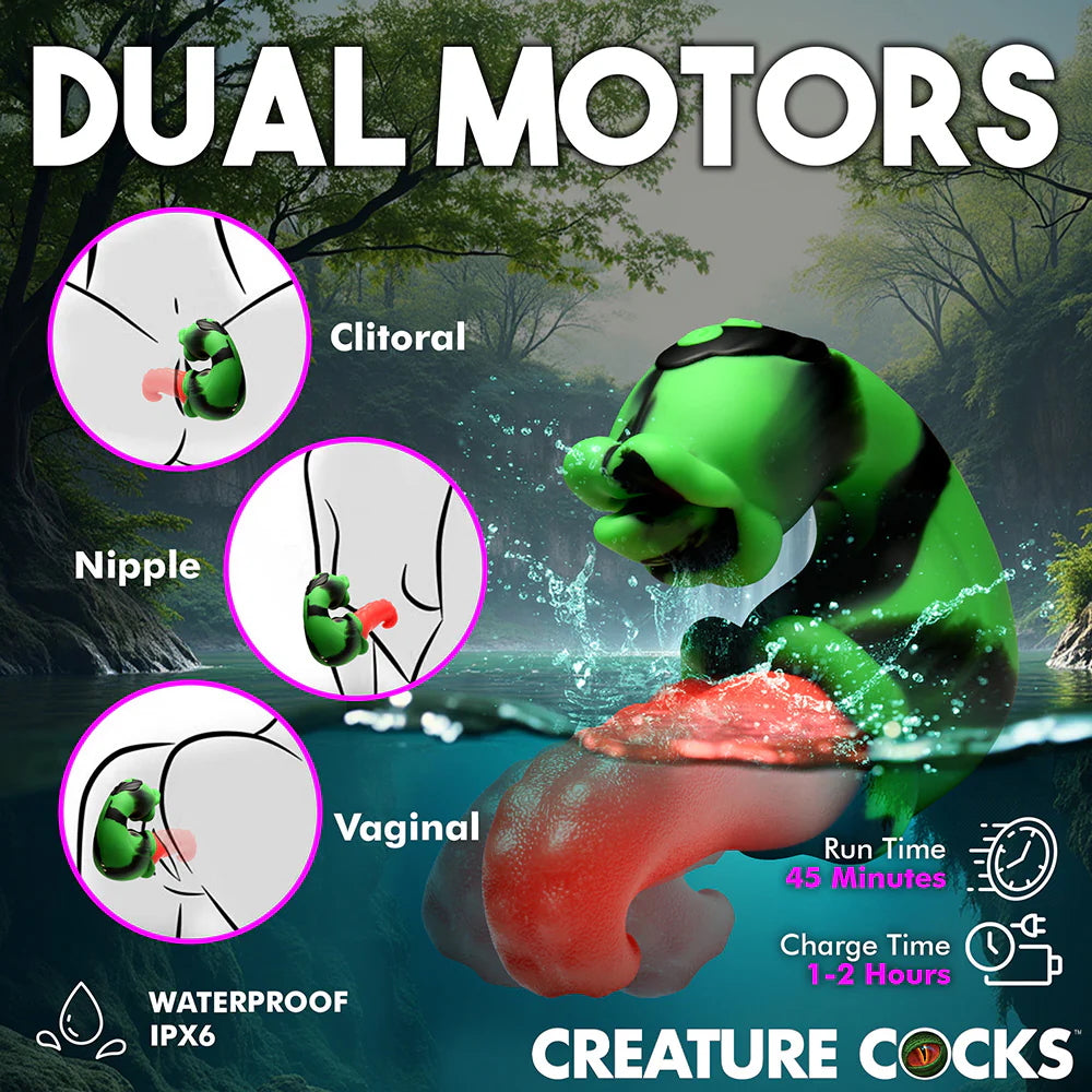 Creature cocks green, black and red dual tongue and mouth dual stimulation fantasy vibrator wtih description