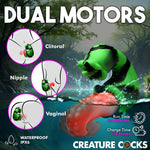 Creature cocks green, black and red dual tongue and mouth dual stimulation fantasy vibrator wtih description