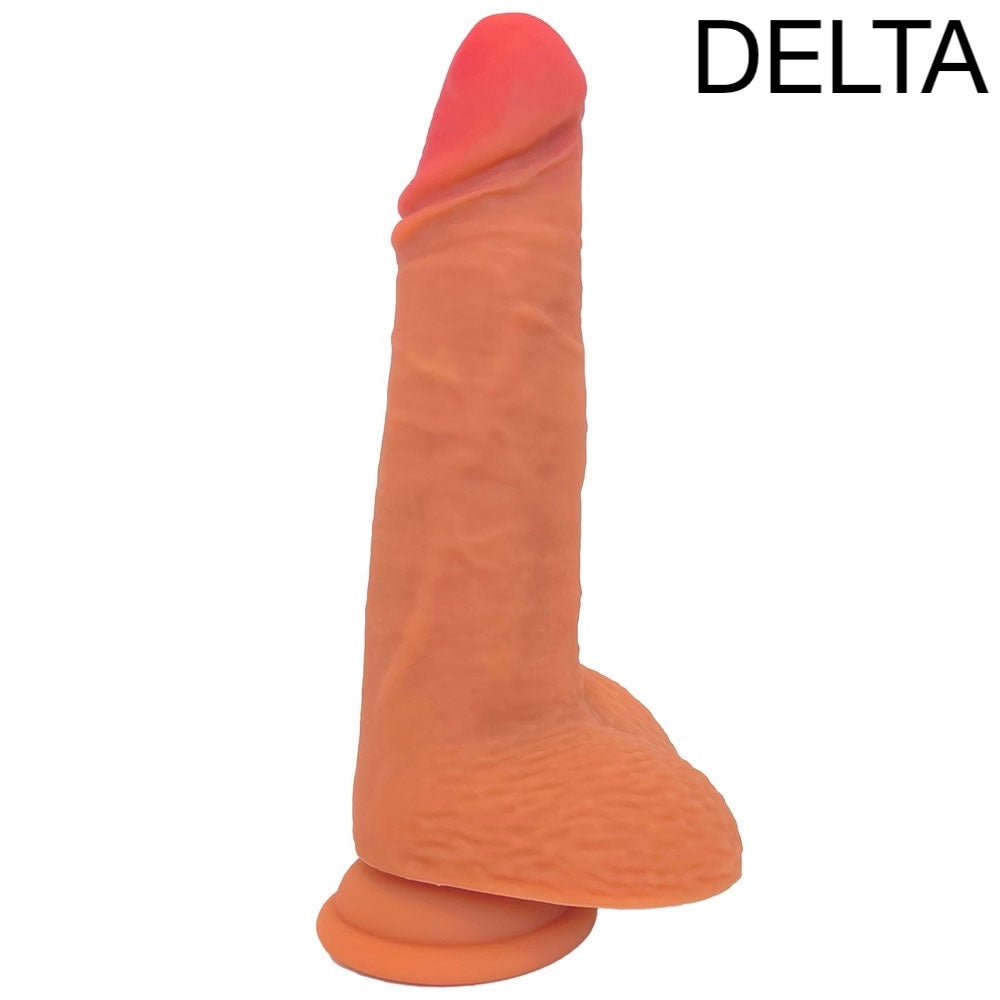 nexus legacy silicone tan dildo delta from the side, flat on its suction cup base