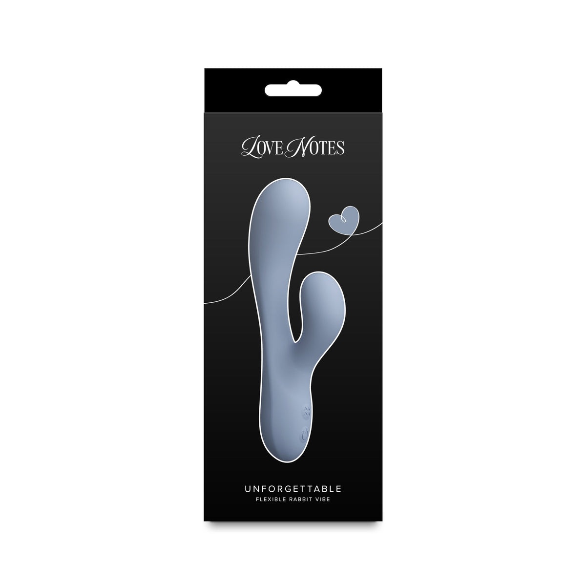 Love Notes Unforgettable Flexible Rabbit Vibe in its original black packaging, featuring a silver-gray rabbit-shaped insert.