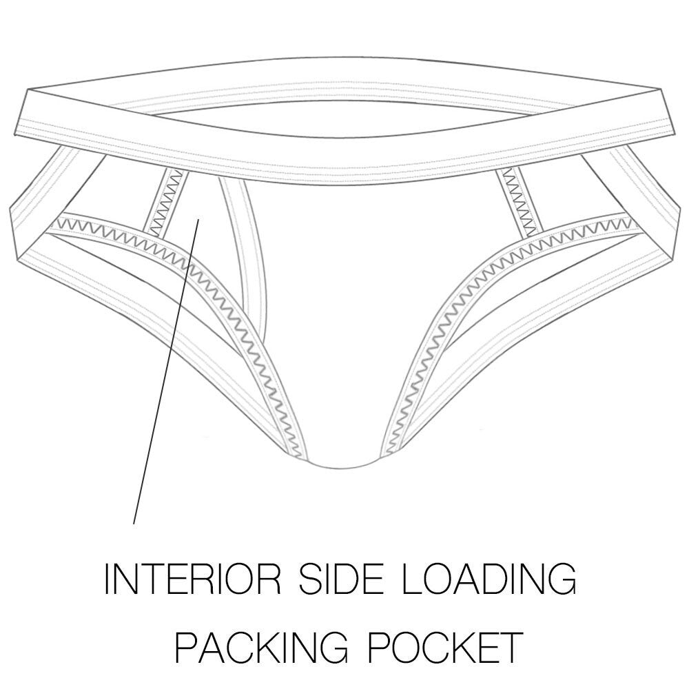 Illustration of shift by Rodeoh jock underwear with an interior side loading packing pocket.
