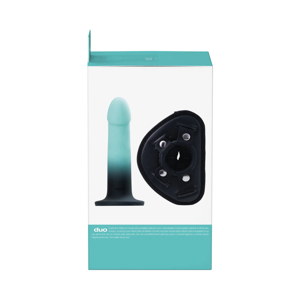 VeDO Duo Silicone Turquoise/Black Dildo (Non-Vibrating) with Black Harness outer packaging