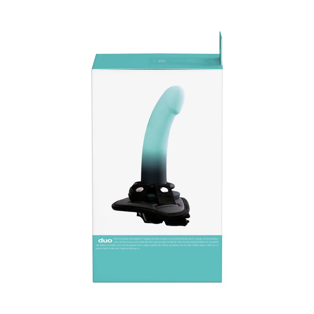 VeDO Duo Silicone Turquoise/Black Dildo (Non-Vibrating) with Black Harness outer packaging