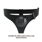Black Adjustable strap dock style strap on harness with suction plate for dildos form the front 