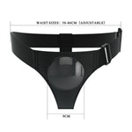 Black Adjustable strap dock style strap on harness with suction plate for dildos form the front with dimensions