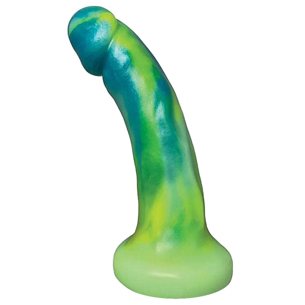 Android Dual density dildo in Green glow, swirled green and blue colors standing on its base