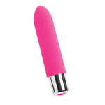 Bam hot pink mini silicone bullet vibrator by Vedo, from the side on a white back ground