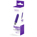 Vedo Bam mini rechargeable bullet in indigo in its box, from the font and side