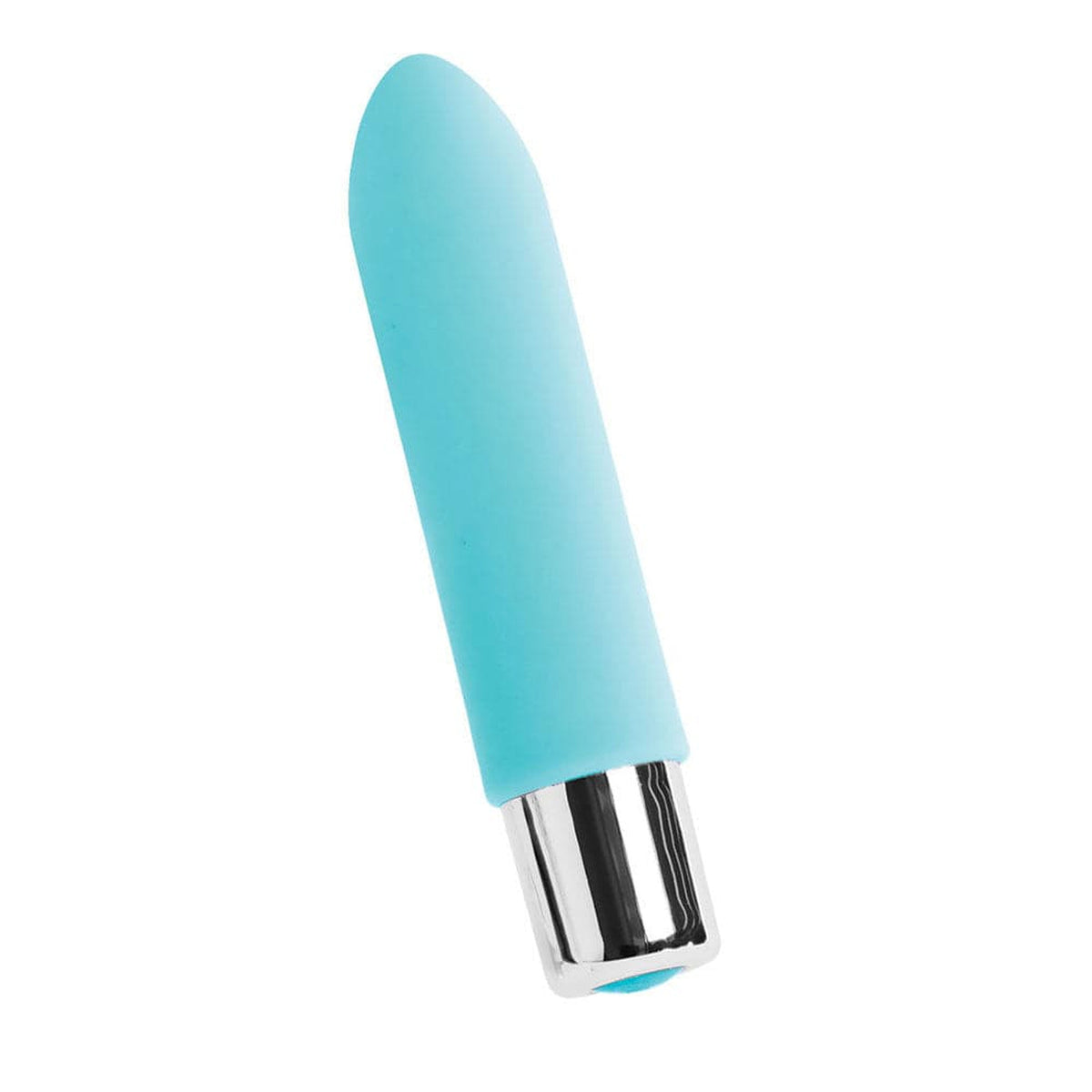 Bam mini silicone bullet vibrator by vedo, in turquoise from the side on a white background
