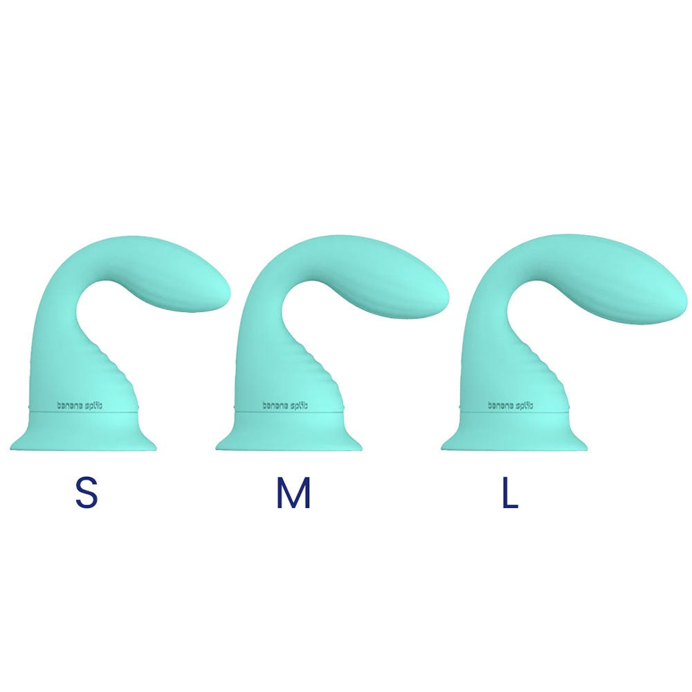banana splot dollop couples strapless strap on vibrator, from small to large for size reference