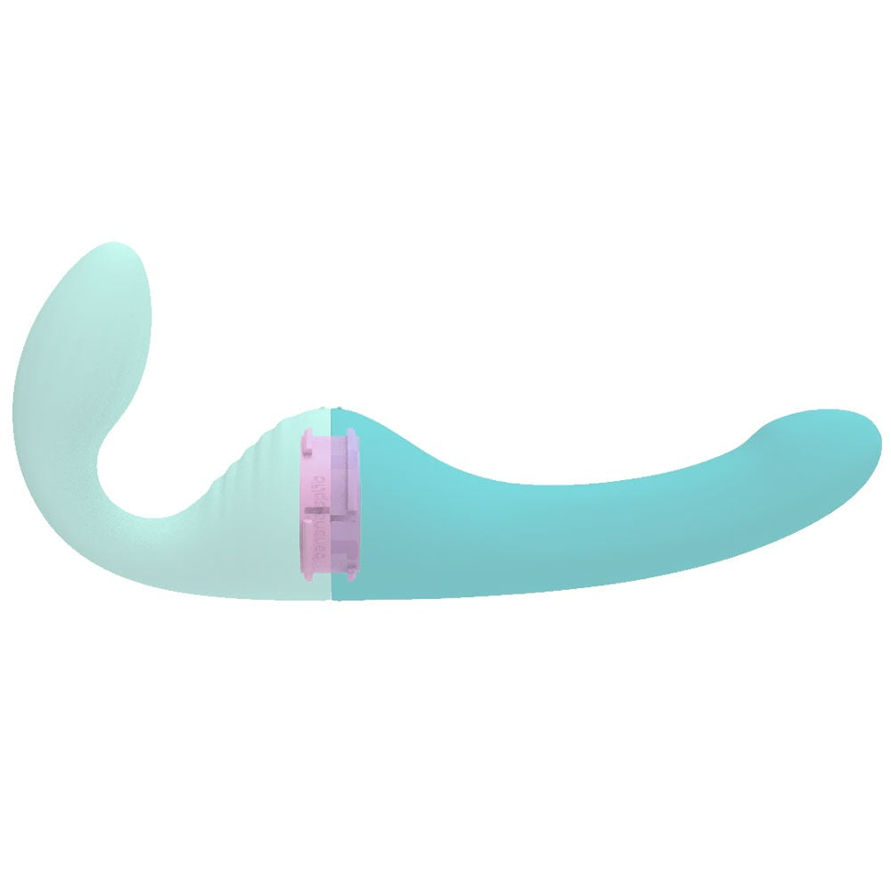 Banana Split customizable couples strapless strap on vibrator with dollop side, and banana side, connected  with interior locking mechanism seen to show how they connect