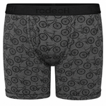 Gray boxer briefs with an all-over black bicycle print and a black waistband featuring the 'rodechi' brand logo.