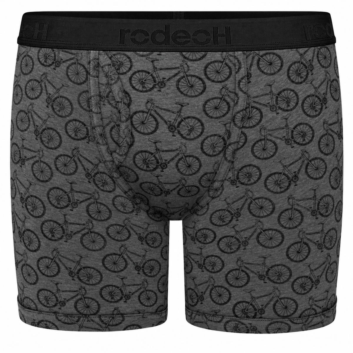 Gray boxer briefs with an all-over black bicycle print and a black waistband featuring the 'rodechi' brand logo.