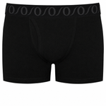 Black  top loading ftm packer boxer briefs with a wide elastic waistband featuring a repeating gray circular logo pattern, shown against a plain white background.