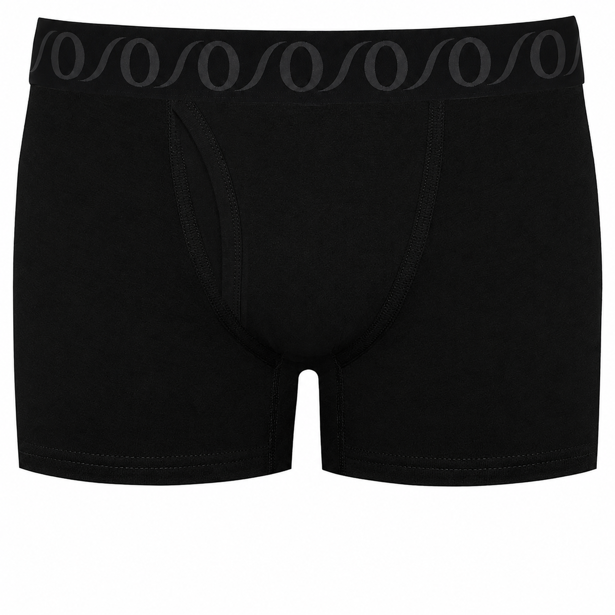 Black  top loading ftm packer boxer briefs with a wide elastic waistband featuring a repeating gray circular logo pattern, shown against a plain white background.