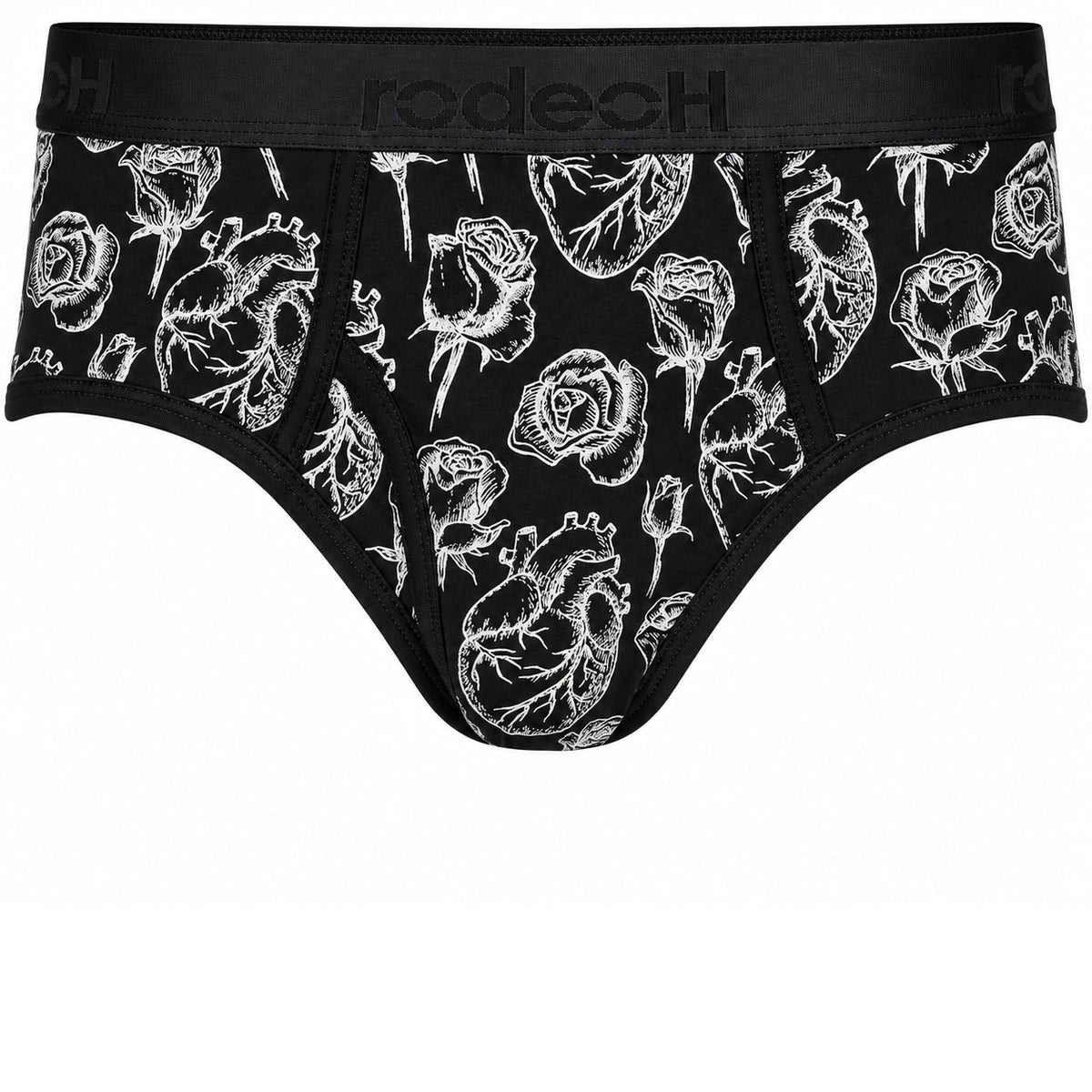 RodeoH Top Loading Brief Packer Underwear in black Hearts & Roses print, front view