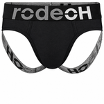 RodeoH Shift Jock packer underwear in black with logo waistband, from the front