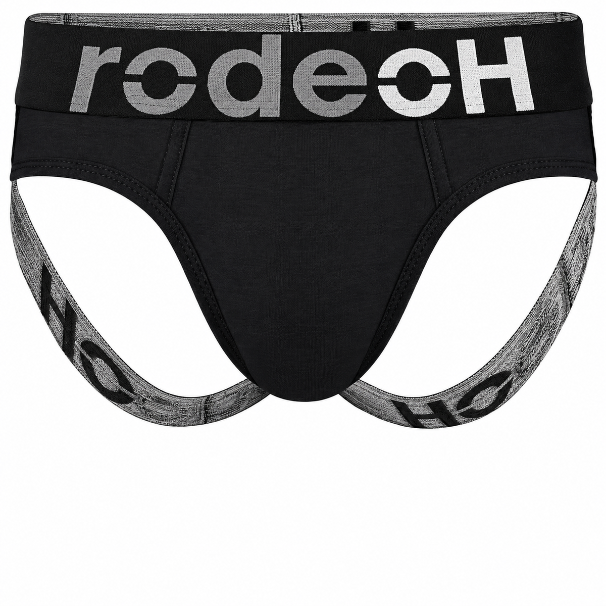 RodeoH Shift Jock packer underwear in black with logo waistband, from the front
