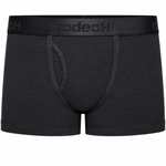 RodeoH Shift Short gender-neutral underwear in black with satin logo waistband, from the front