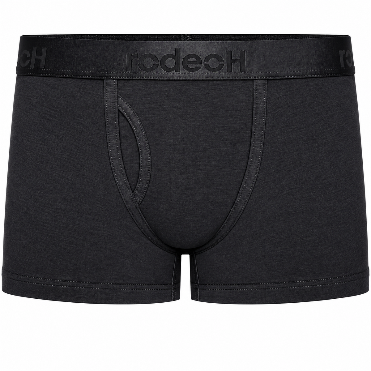RodeoH Shift Short gender-neutral underwear in black with satin logo waistband, from the front