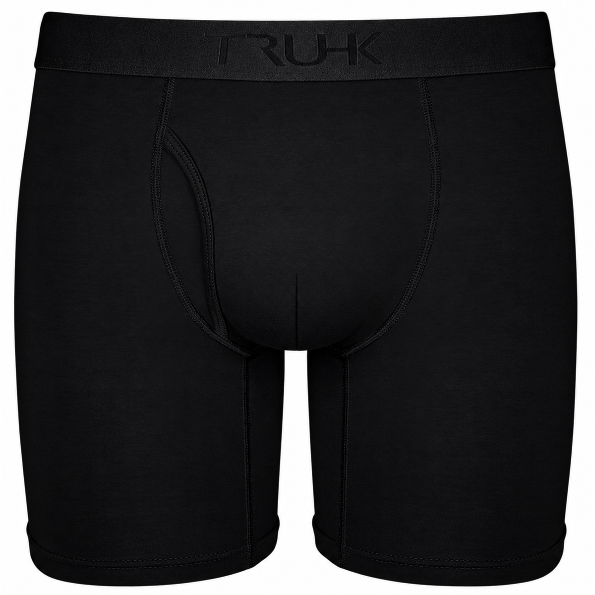 Black men's boxer briefs with a wide elastic waistband featuring the debossed brand name 'TRUHK'.