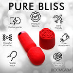 Red Pleasure Rose Mini Wand , with silicone rose cover removed and placed next to wand with graphic texts of features